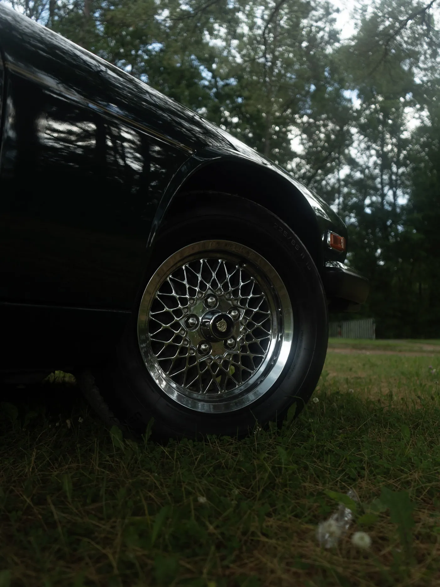 Chrome wire wheel on a black Jaguar's front corner, shot from grass level with trees behind